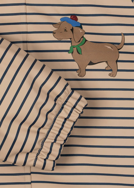 Konges Sløjd Palme Dog Regenjas Stripe La Mer met vrolijke print van hondjes, bij De Gele Flamingo