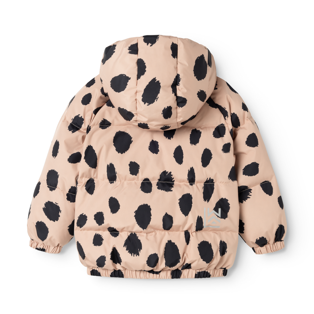 Liewood Adelina Down Jas Mega Leo Spot met opvallende luipaardprint, te koop bij De Gele Flamingo
