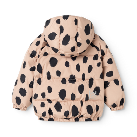 Liewood Adelina Down Jas Mega Leo Spot met opvallende luipaardprint, te koop bij De Gele Flamingo