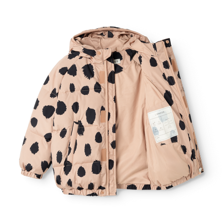Liewood Adelina Down Jas Mega Leo Spot / Pale Tuscany met kap voor extra beschutting, De Gele Flamingo