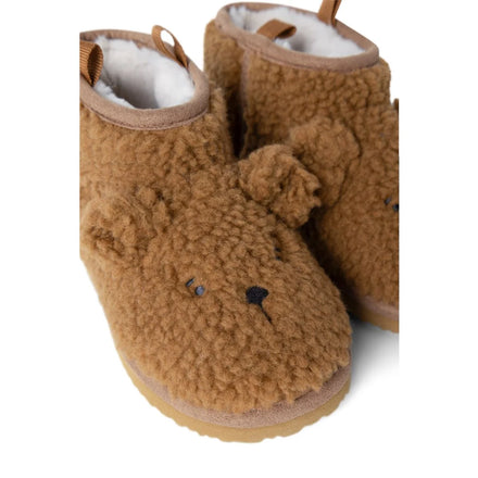 Liewood Alban Bear Pile Boot Pantoffels Golden Caramel met eenvoudig instapmodel, De Gele Flamingo