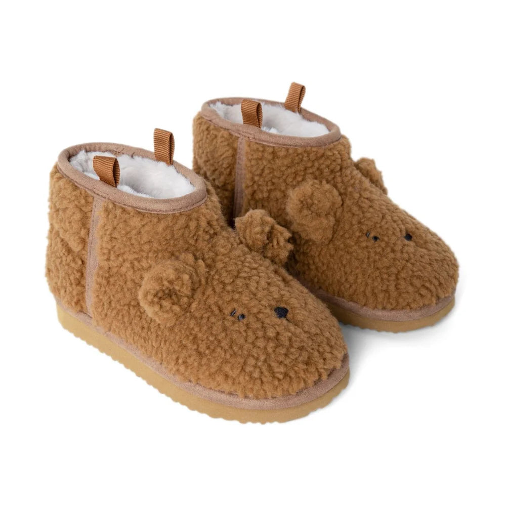 Liewood Alban Bear Pile Boot Pantoffels in Golden Caramel, zachte kinderpantoffels bij De Gele Flamingo