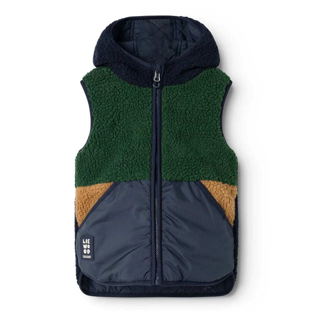 Liewood Diana Omkeerbare Vest in Classic Navy Mix, licht kindervest met kap bij De Gele Flamingo