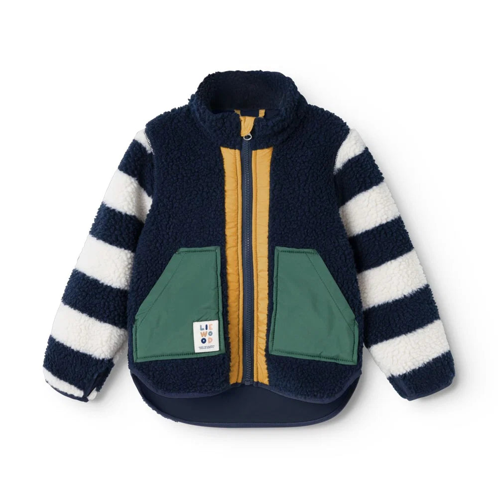 Liewood Noam Pile Jas in Classic Navy Multi Mix, zachte fleecejas voor kinderen bij De Gele Flamingo