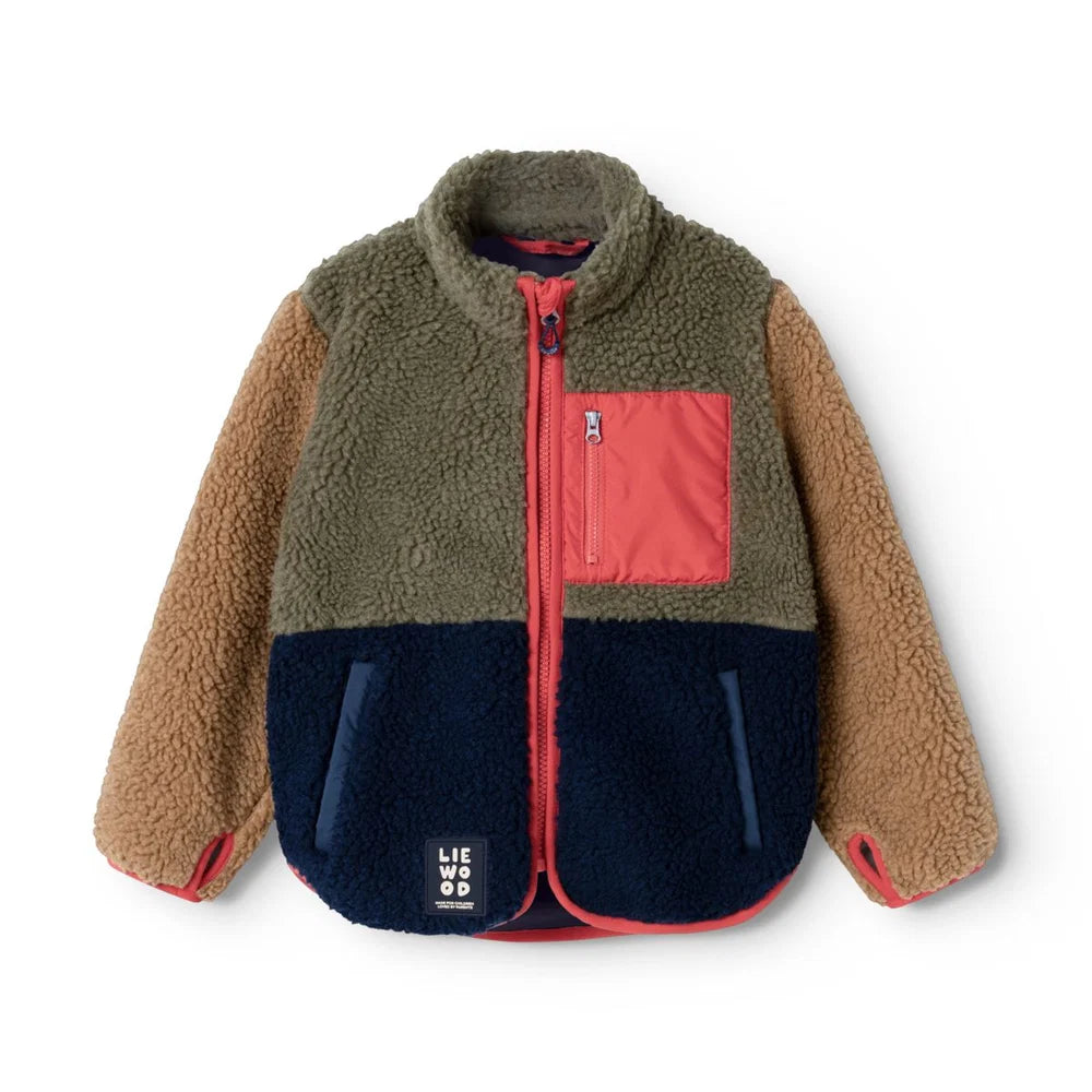 Liewood Nolan Pile Jas in Army Brown Multi Mix, zachte fleecejas voor kinderen bij De Gele Flamingo