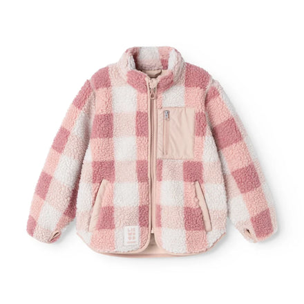 Liewood Nolan Pile Jas in Mega Check / Rose Blush, zachte fleecejas voor kinderen bij De Gele Flamingo