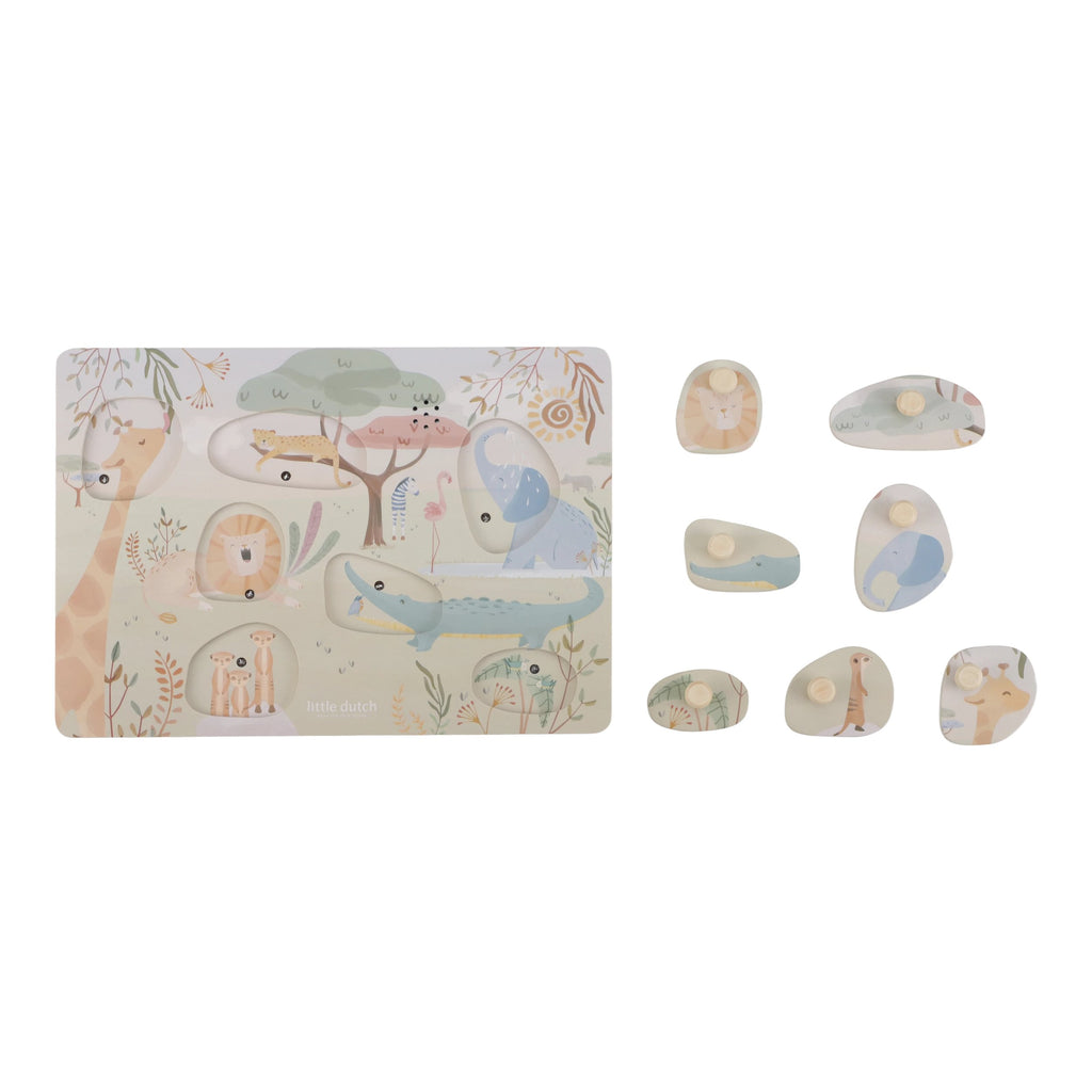 Little Dutch Safari Friends geluidenpuzzel in stevig hout voor kleine kinderhandjes, bij De Gele Flamingo