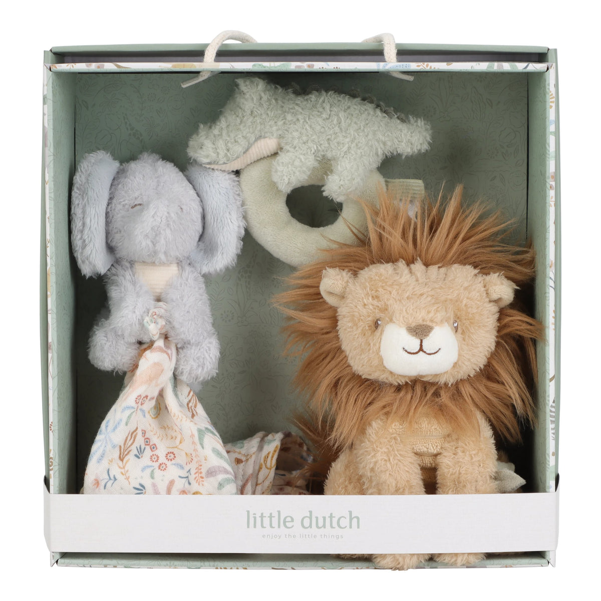 Little Dutch Giftset Cadeaudoos Safari Friends bij De Gele Flamingo, kraamcadeauset met drie zachte vriendjes