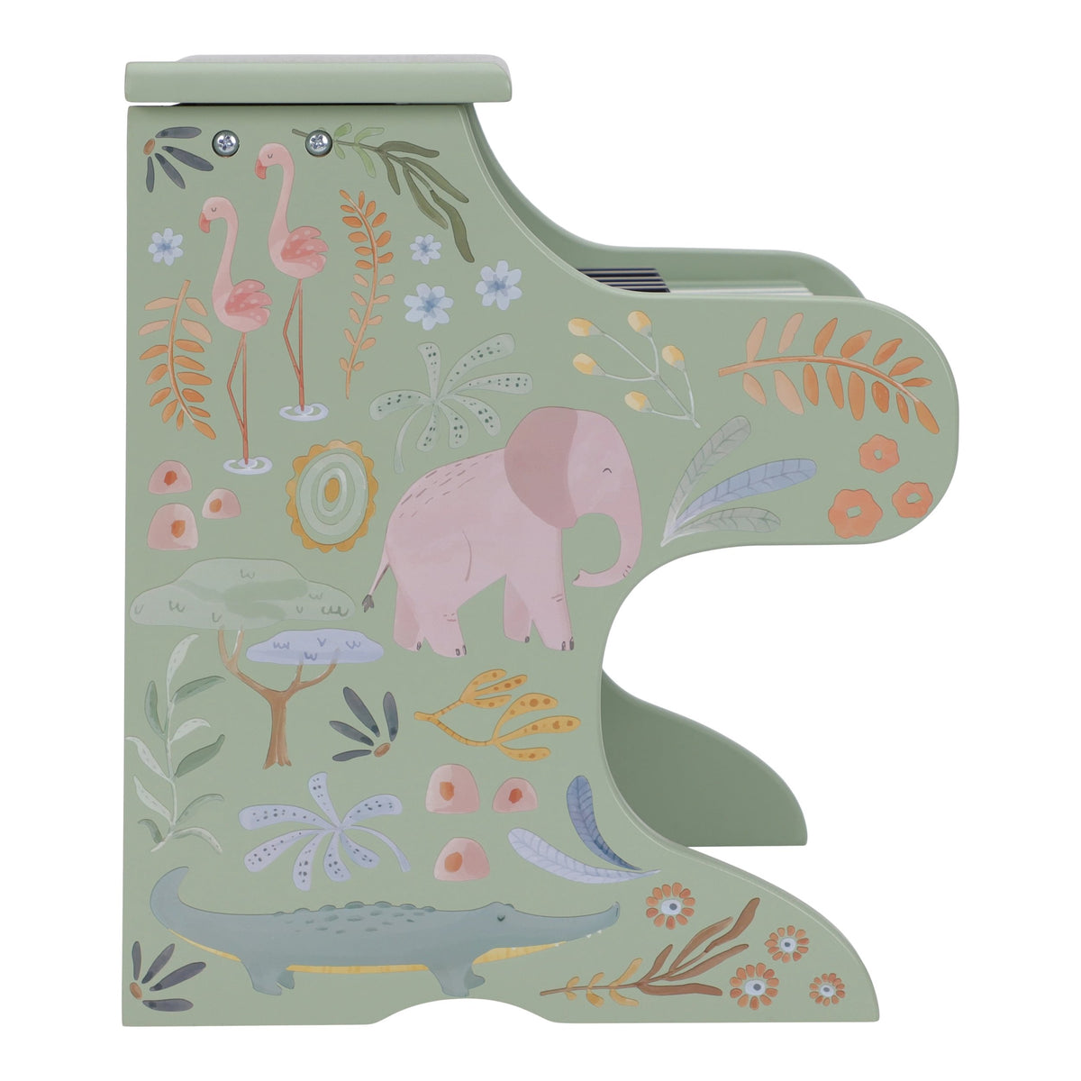 Little Dutch Houten Piano Safari Friends in groen bij De Gele Flamingo, kinderpiano met vrolijke safaridieren