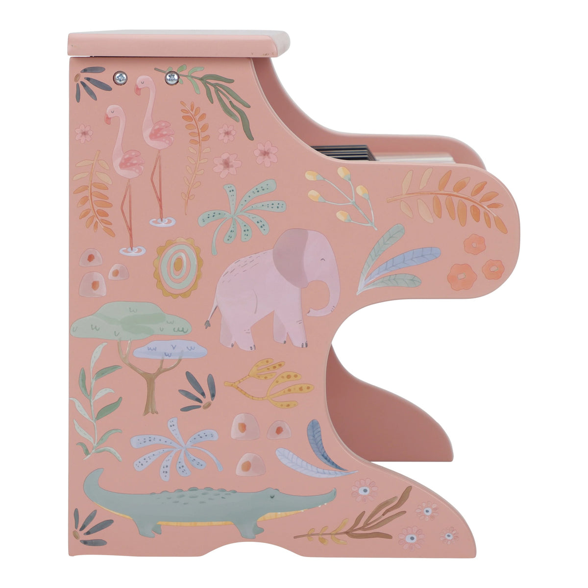 Little Dutch Houten Piano Safari Friends in roze bij De Gele Flamingo, houten kinderpiano met safaridieren