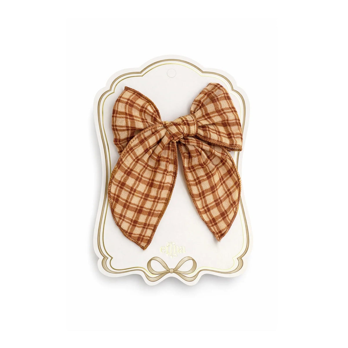 Mrs. Ertha Fable Bow Clip Honey Plaid van De Gele Flamingo, strikclip in biologisch katoen met tijdloze print