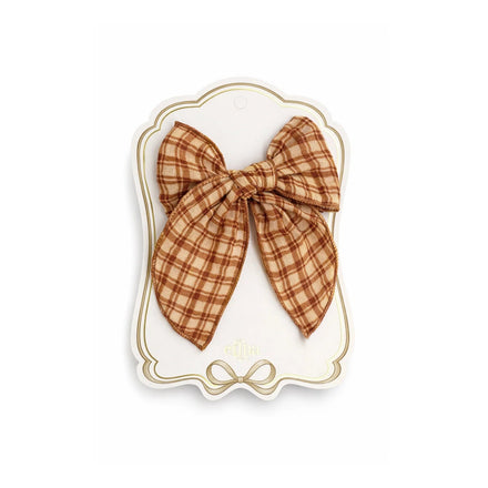 Mrs. Ertha Fable Bow Clip Honey Plaid van De Gele Flamingo, strikclip in biologisch katoen met tijdloze print