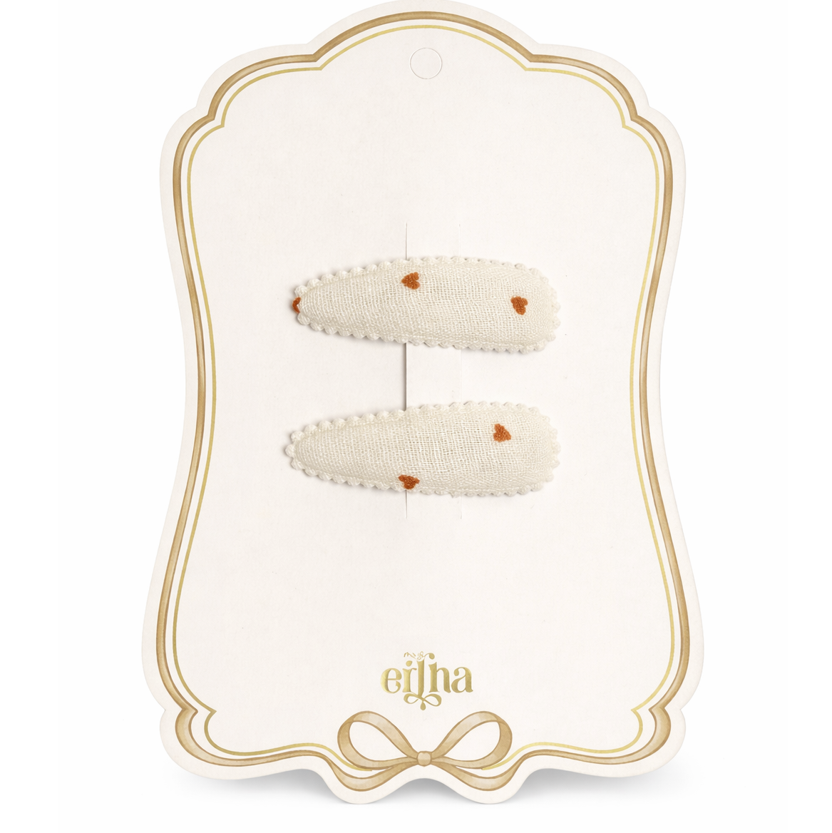 Mrs. Ertha haarspeldjes Tiny Hearts bij De Gele Flamingo, met stof beklede metalen klikspeldjes in warme neutrale tinten