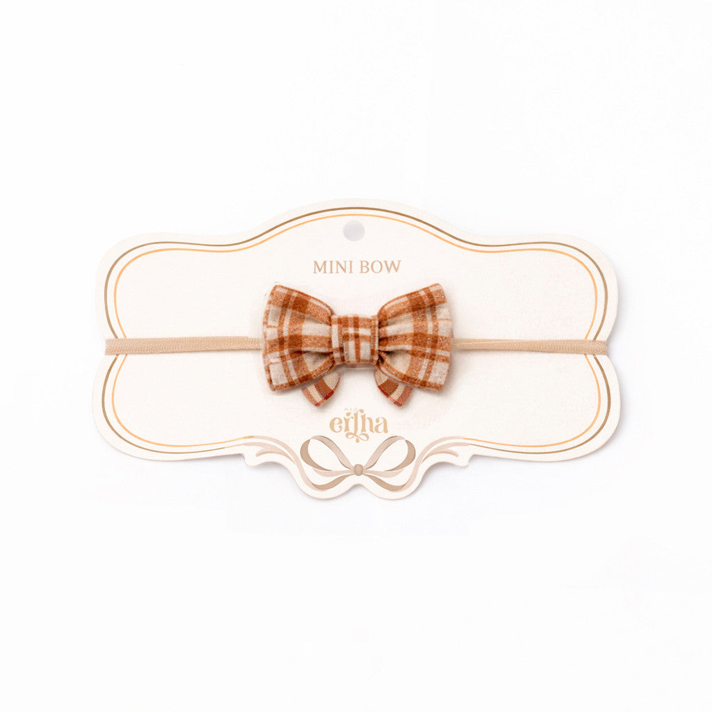 Mrs. Ertha Little Bow Haarband Honey Plaid van biologisch katoen, flexibele elastische band bij De Gele Flamingo