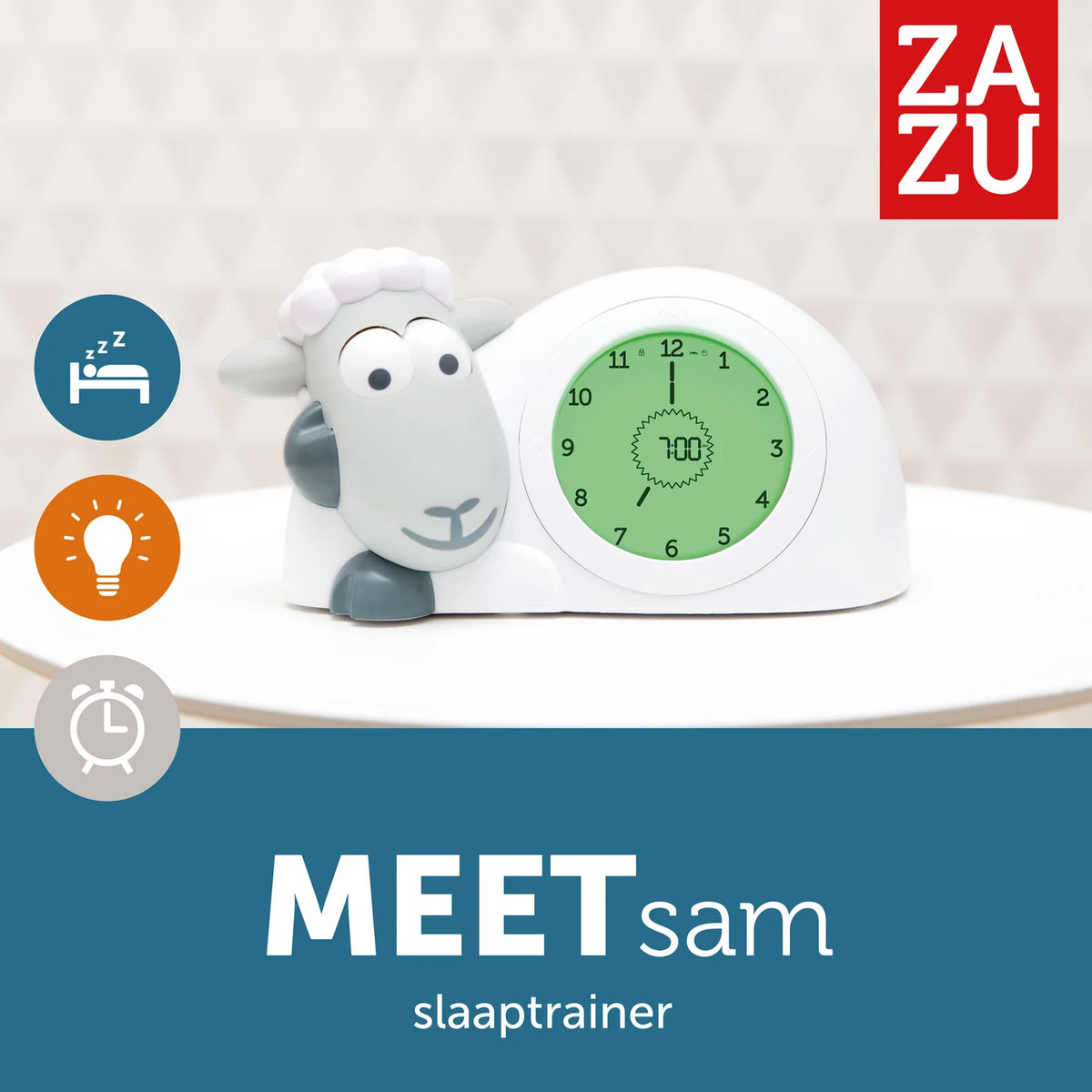 Zazu Sam het Schaap slaaptrainer in grijs op een nachtkastje