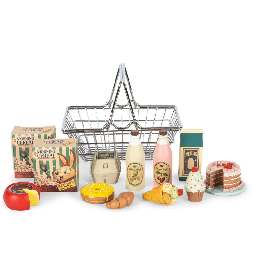 Konges Sløjd Mini Market Boodschappenset met kleurrijke speelvoeding, te koop bij De Gele Flamingo