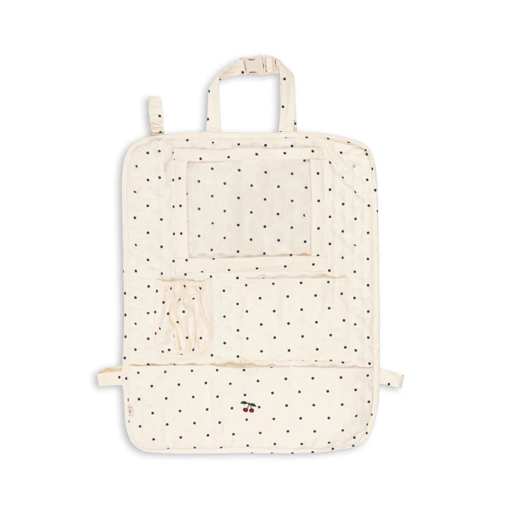 Konges Sløjd Autostoel Organizer in Navy Dot met slim ontwerp en verstelbare riemen bij De Gele Flamingo
