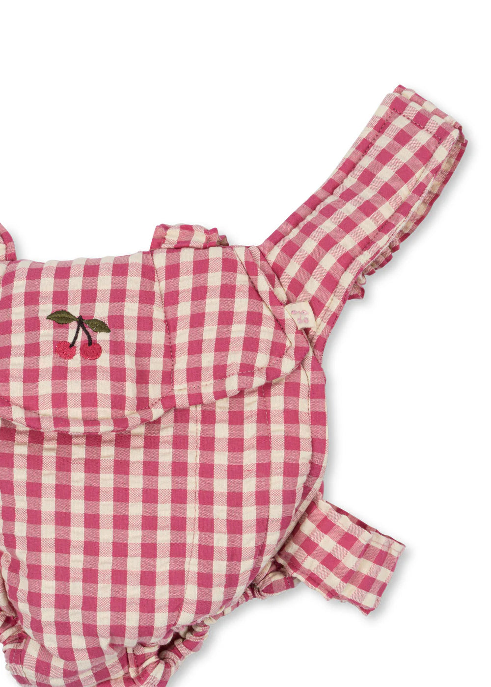 Konges Sløjd Doll Carrier in Bubblegum Check, zachte poppendrager voor kleine poppenouders, bij De Gele Flamingo