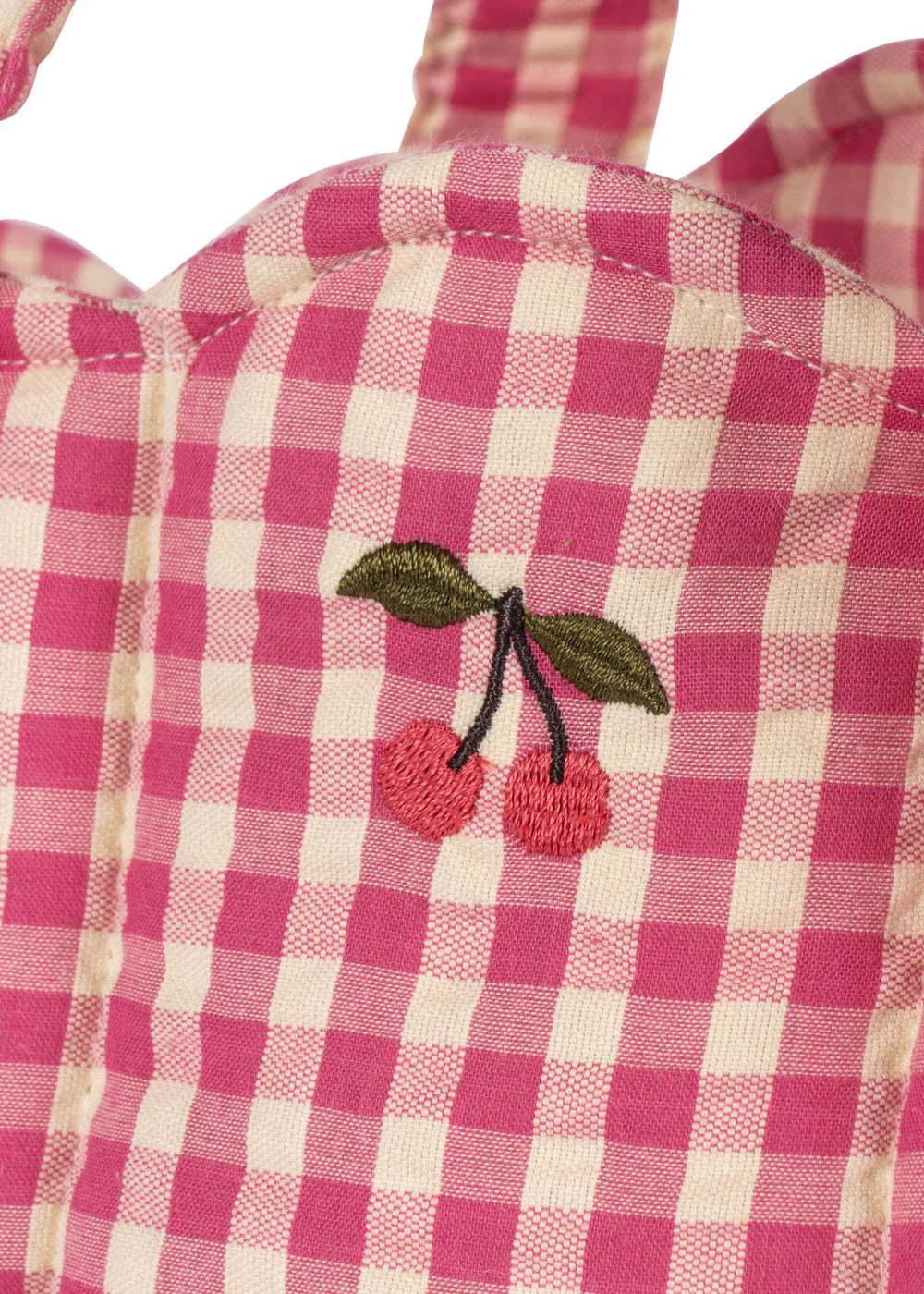 Konges Sløjd Doll Lift in Bubblegum Check, gewatteerde poppenlift met zachte banden, te koop bij De Gele Flamingo