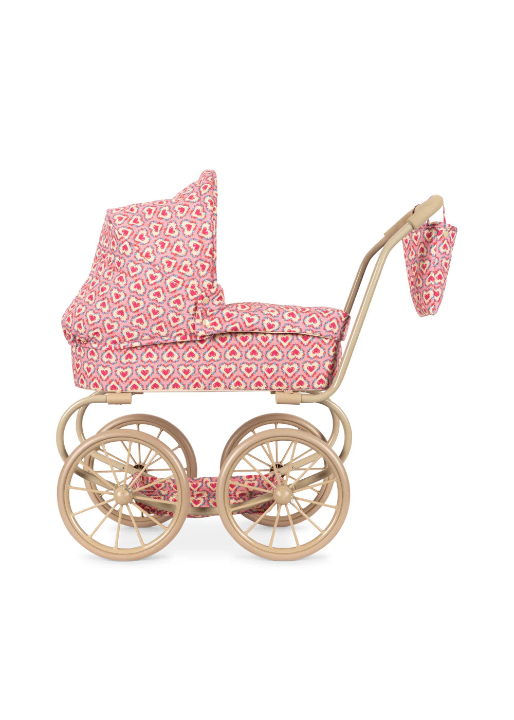 Konges Sløjd Mini Poppenwagen Felice Rose met metalen frame en zachte handgrepen, verkrijgbaar bij De Gele Flamingo