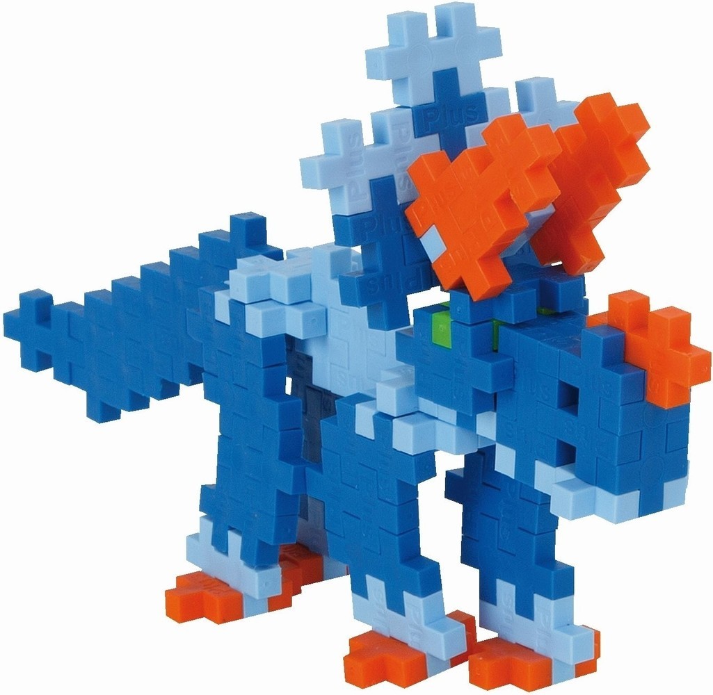 Uit Plus-Plus steentjes gebouwde triceratops naast de handige koker