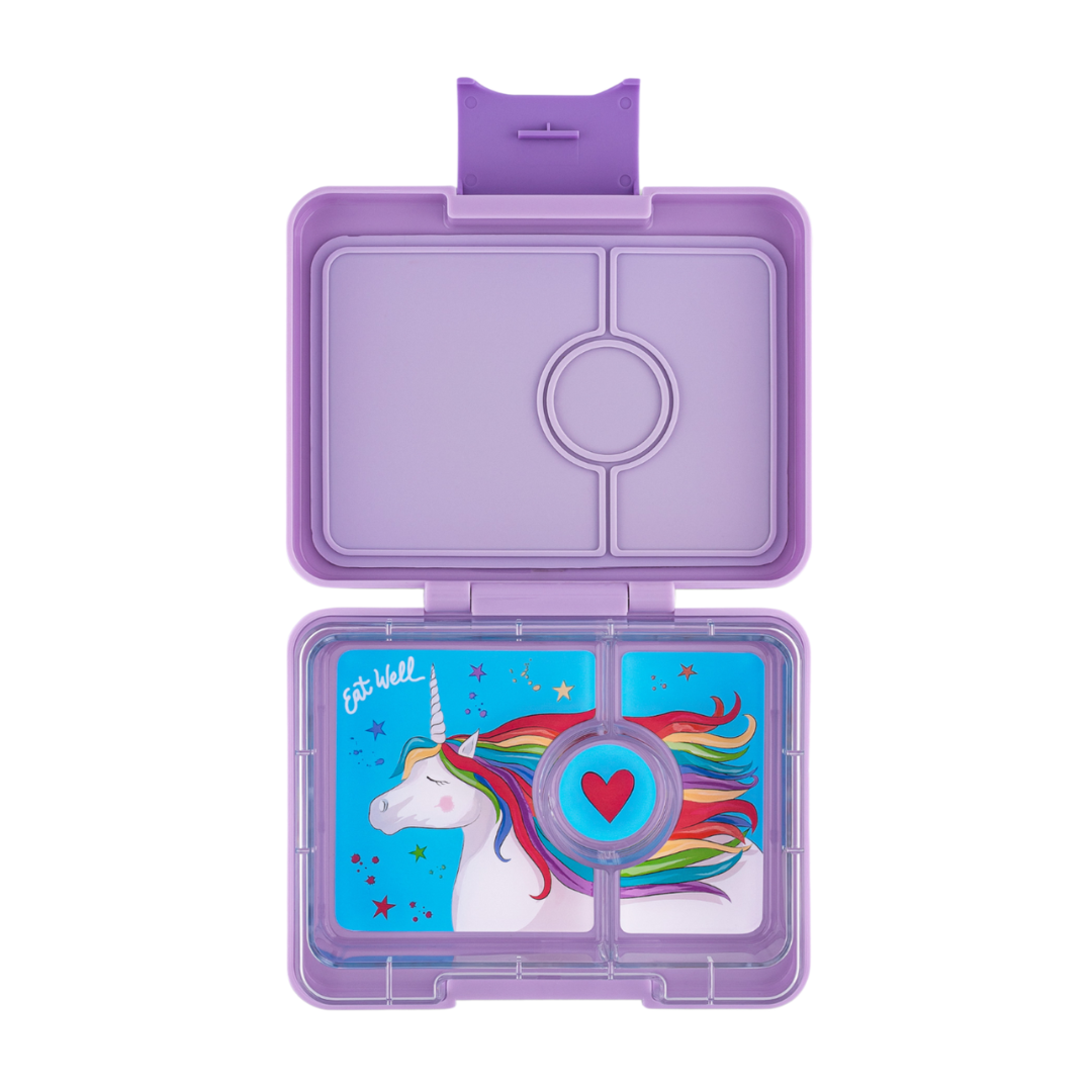 Yumbox 3 Vakken Lekvrije Lunchbox Lavendel Paars Eenhoorn, snackbox bij De Gele Flamingo.