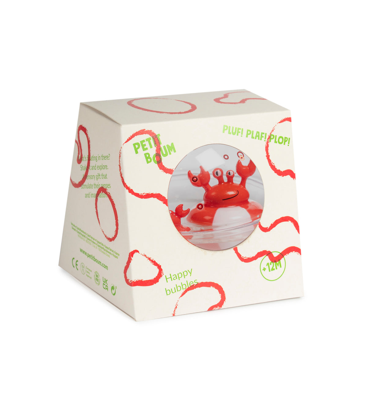 Petit Boum Happy Bubbles Krab, sensorische bal vol kleur en glitters, verkrijgbaar bij De Gele Flamingo