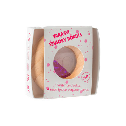 Petit Boum Sensorische Donut roos in 100% natuurlijk beukenhout, babyspeelgoed van De Gele Flamingo.