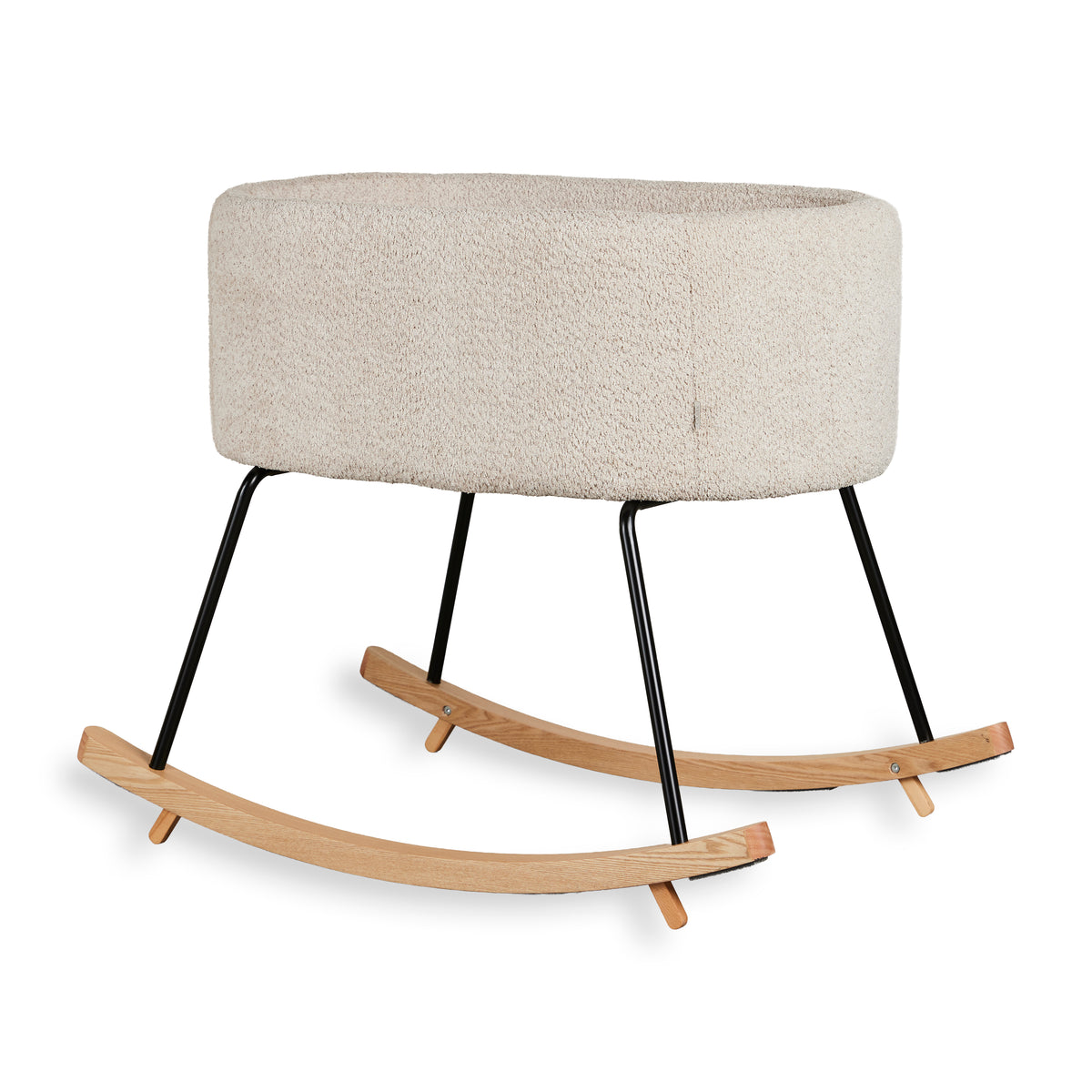 Quax Rocking Wieg De Luxe in Sheep met zachte bouclé bekleding, verkrijgbaar bij De Gele Flamingo.
