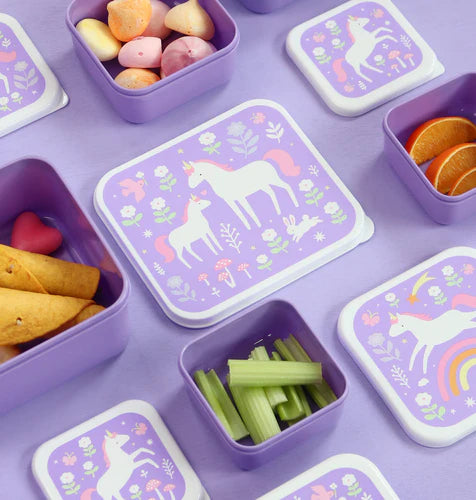 A Little Lovely Company lunch en snack box set met Unicorn Dreams-print in paars