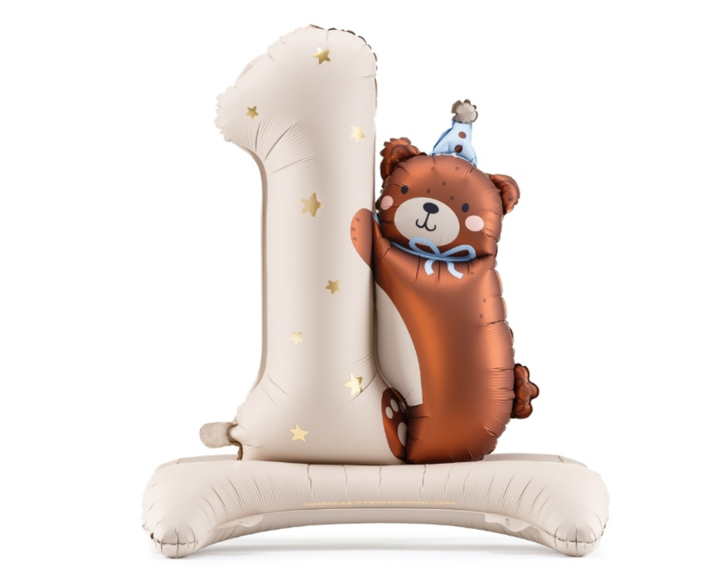 Party Deco folieballon teddybeer cijfer 1 in beige met gouden sterretjes, staand, bij De Gele Flamingo.