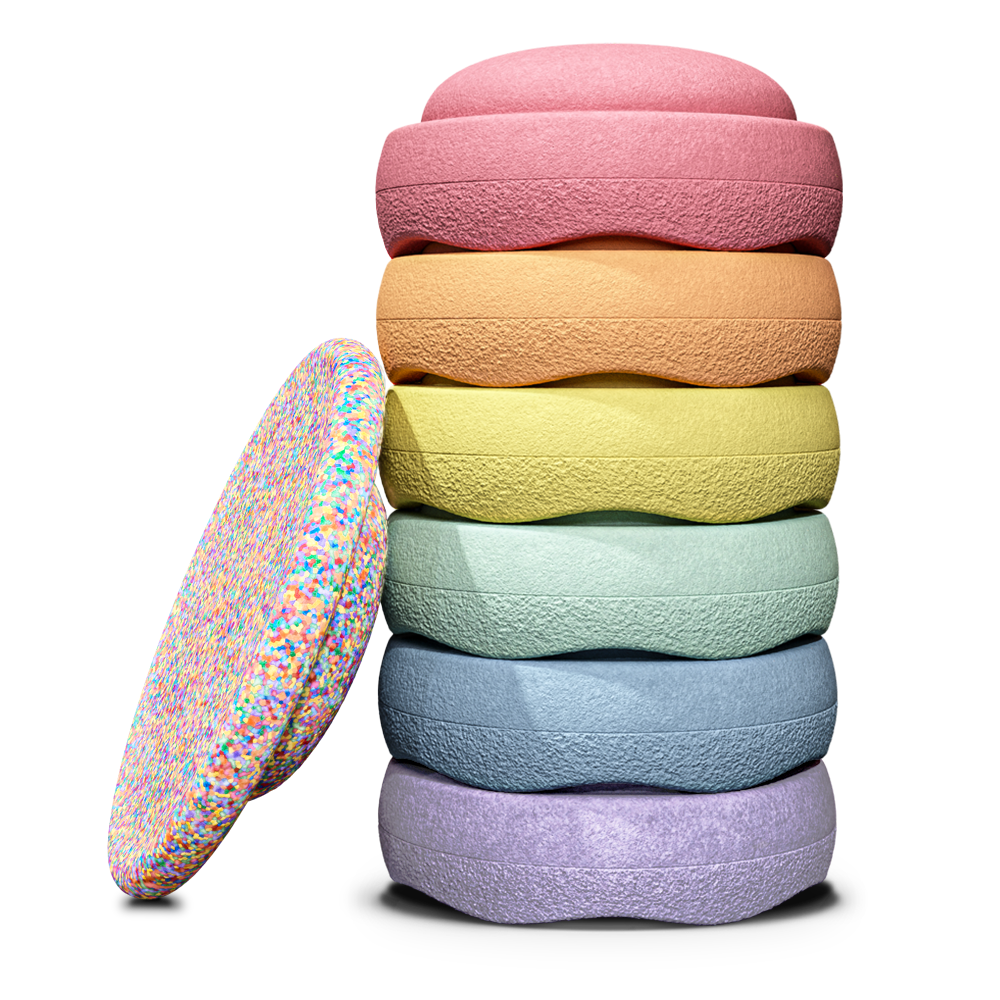 Stapelstein Super Confetti set van 6 pastel balansstenen met balance board - vooraanzicht