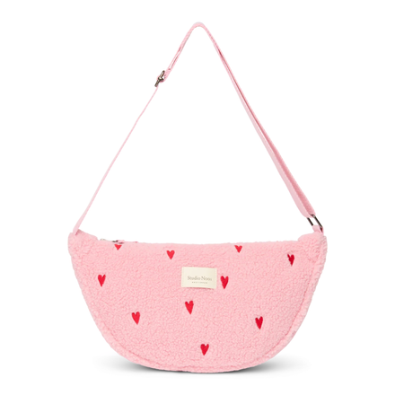 Studio Noos Adult Fanny Pack in lichtroze teddy met geborduurde hartjes bij De Gele Flamingo