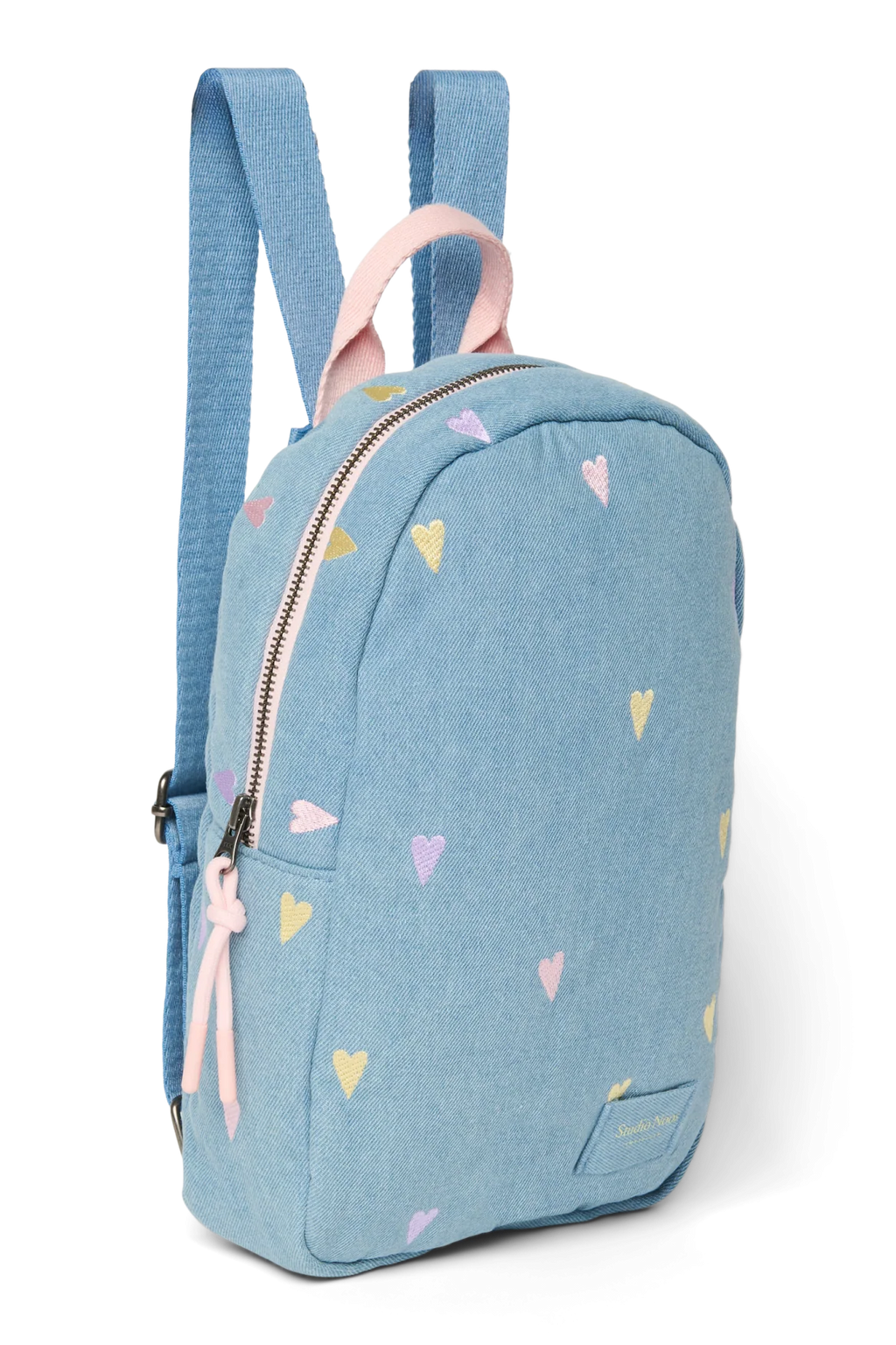 Lichtblauw denim rugzakje met hartjes van Studio Noos voor 0 tot 5 jaar, bij De Gele Flamingo