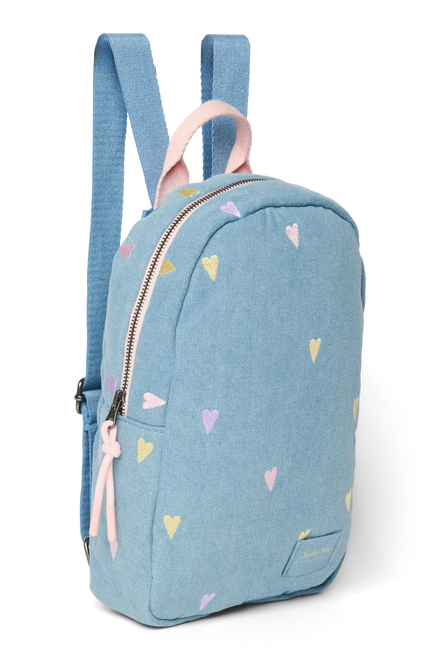 Lichtblauw denim rugzakje met hartjes van Studio Noos voor 0 tot 5 jaar, bij De Gele Flamingo