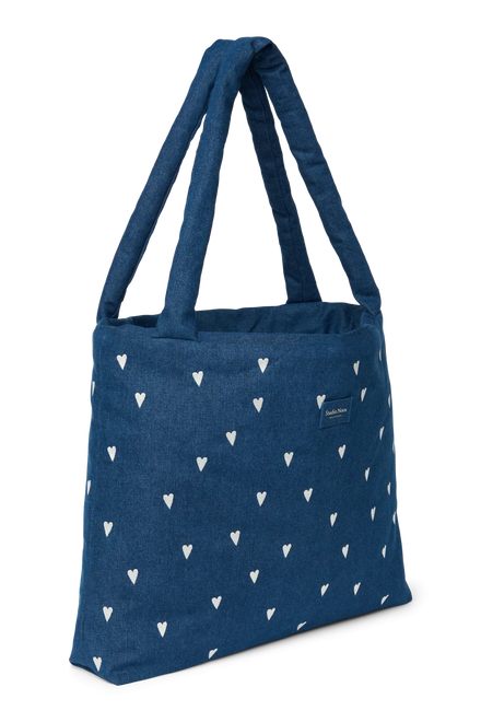Donkerblauwe denim Mom Bag van Studio Noos met open hoofdvak, shopper bij De Gele Flamingo