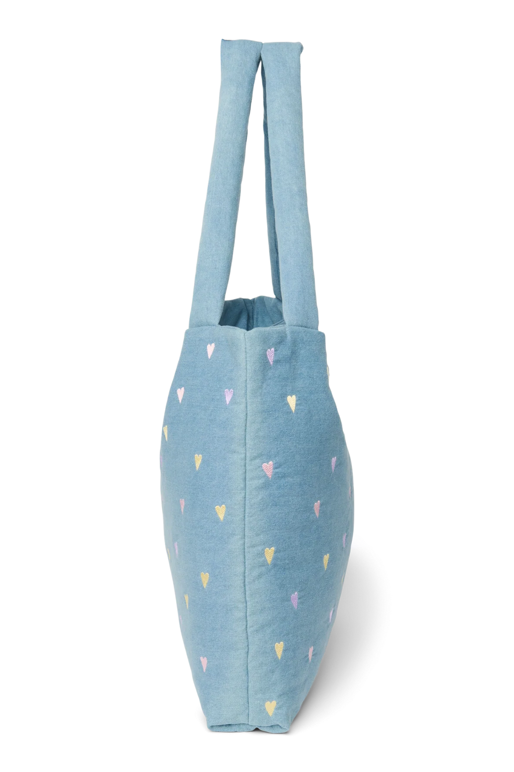 Studio Noos Mom Bag Denim Hearts in lichtblauw met lange hengsels, bij De Gele Flamingo