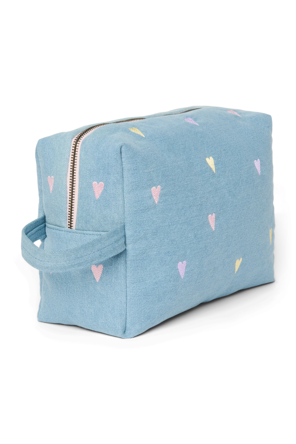 Padded denim toilettas met hartjes van Studio Noos, 28 x 11 x 18 cm, bij De Gele Flamingo
