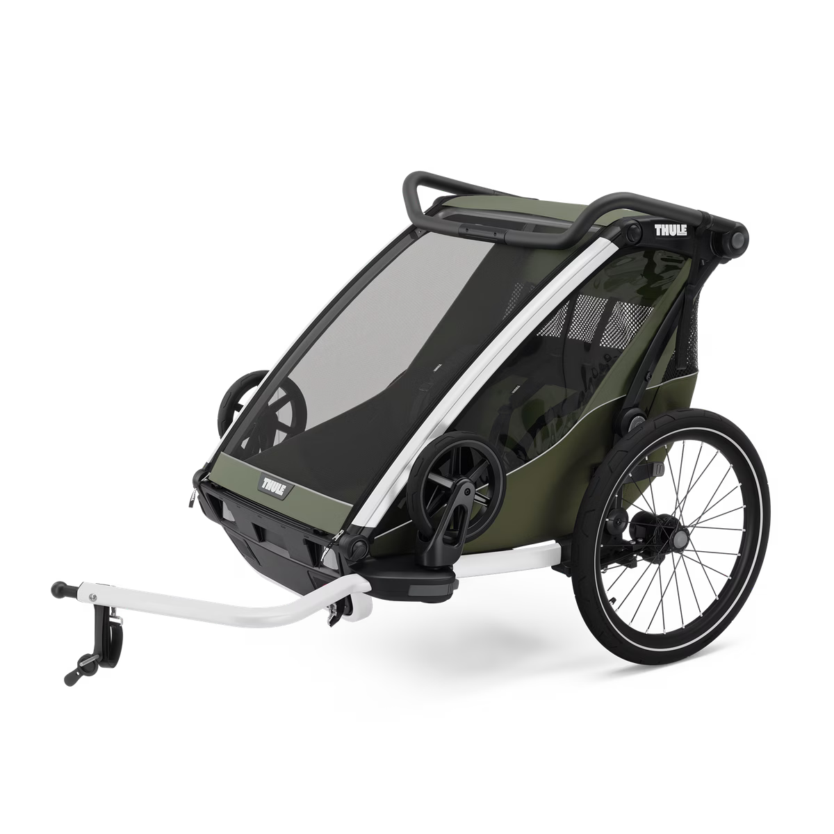 Thule Chariot Lite Dubbelzit Fietskar in Vintage Groen bij De Gele Flamingo, lichte multisporttrailer voor actieve gezinnen