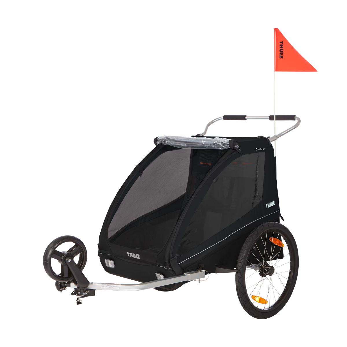 Thule Coaster XT Dubbelzit Fietstrailer in Black bij De Gele Flamingo, schakelt zonder gereedschap van fietsen naar wandelen