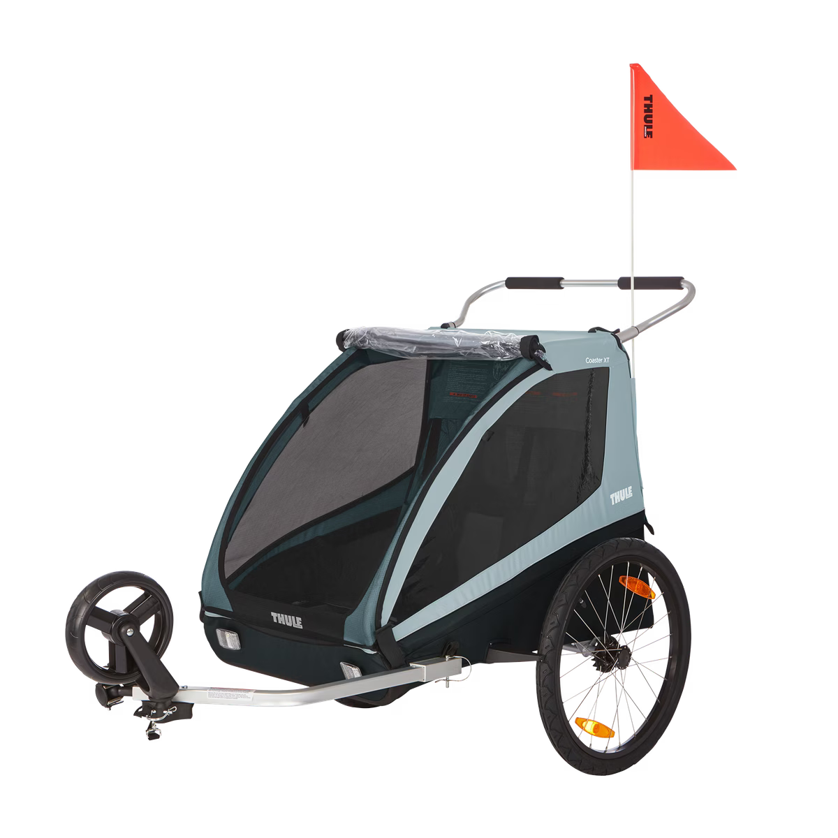 Thule Coaster XT Dubbelzit Fietstrailer in Soft Blue bij De Gele Flamingo, fietstrailer en wandelwagen in een