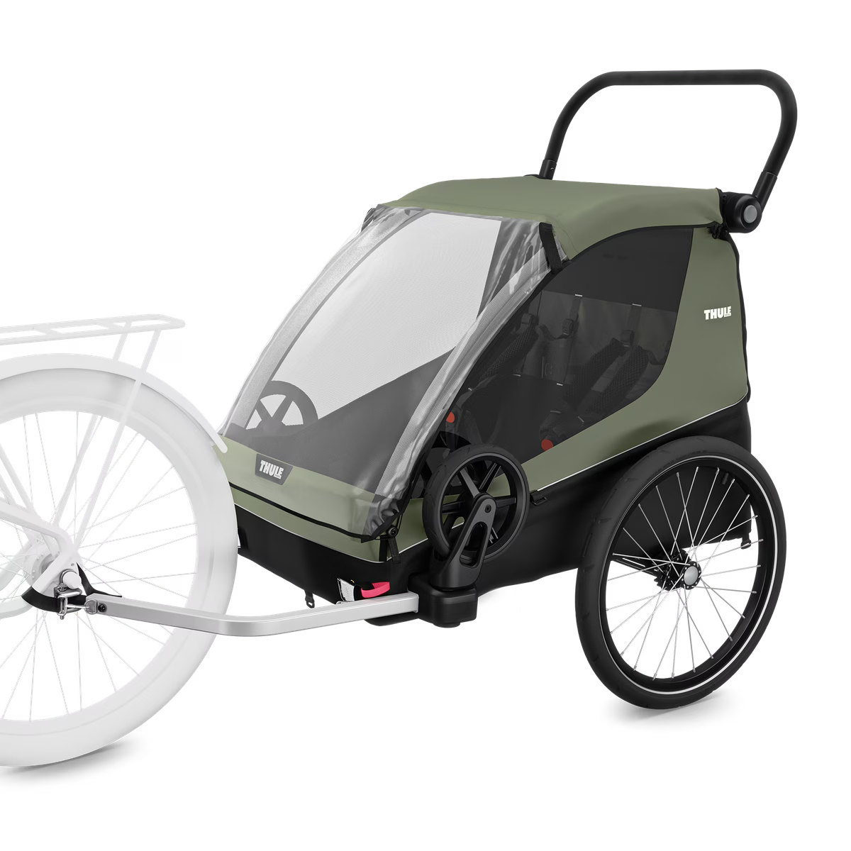 Thule Courier Dubbelzit Fietskar in Vintage Groen bij De Gele Flamingo, 3-in-1 fietskar, wandelwagen en bagagekar