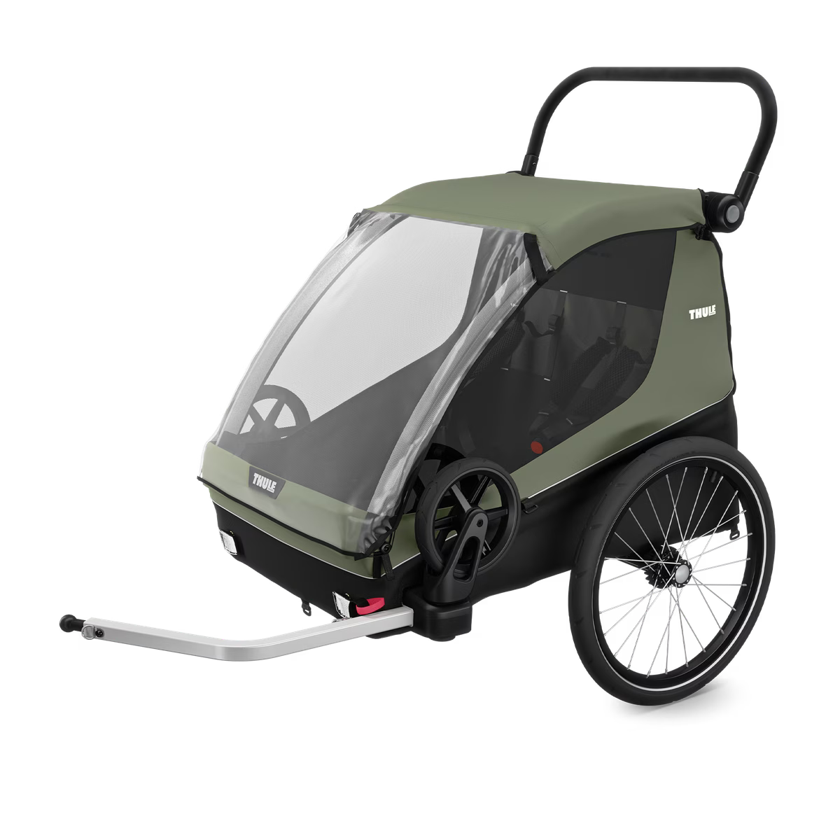 Thule Courier Dubbelzit Fietskar in Vintage Groen bij De Gele Flamingo, 3-in-1 fietskar, wandelwagen en bagagekar