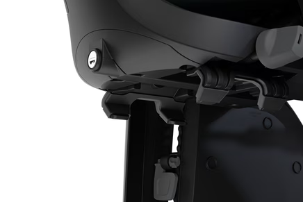 Thule Yepp 2 Maxi fietsstoel Mid Blue inclusief metalen veiligheidsslot, verkrijgbaar bij De Gele Flamingo.