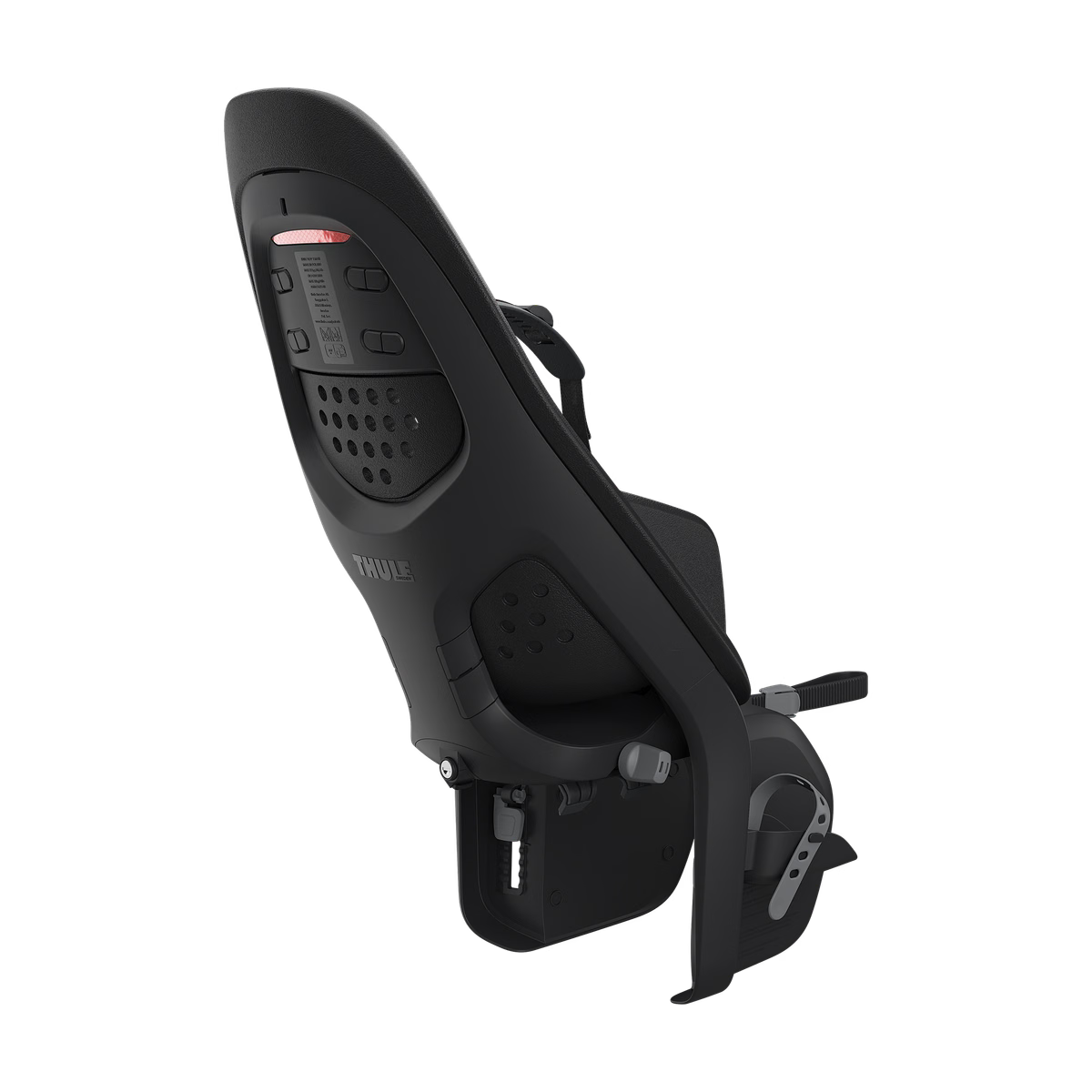 Thule Yepp 2 Maxi fietsstoel in Midnight Black met zachte, schokabsorberende zitting bij De Gele Flamingo.