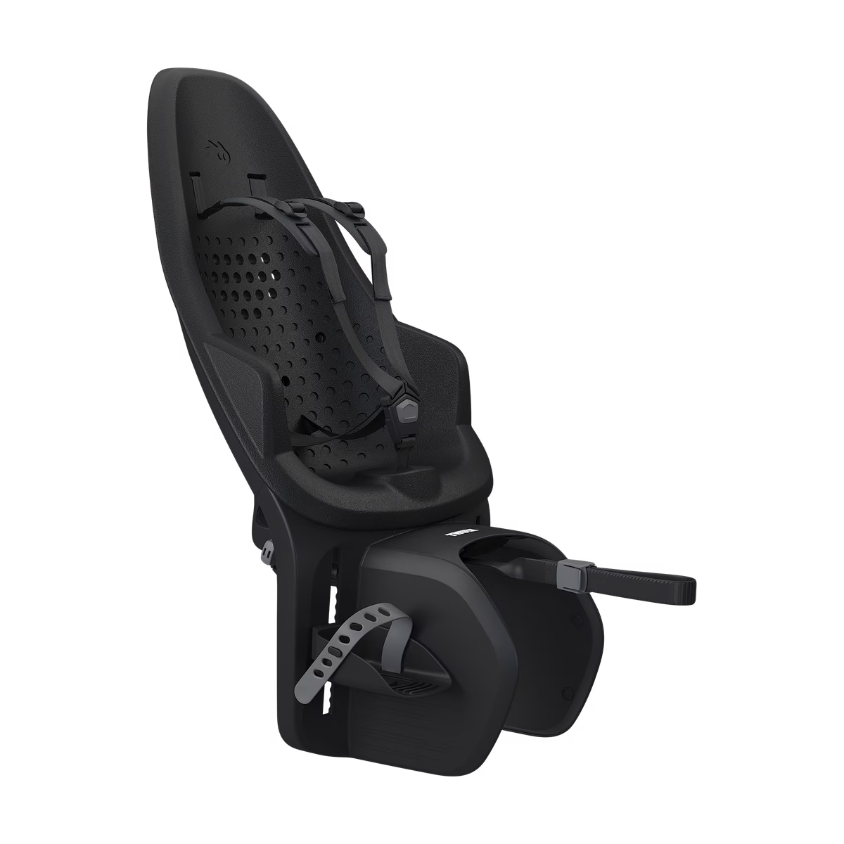 Thule Yepp 2 Maxi fietsstoel in Midnight Black met zachte, schokabsorberende zitting bij De Gele Flamingo.