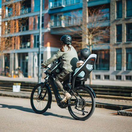 Thule Yepp 2 Maxi fietsstoel Mid Blue met gewatteerde 5-puntsveiligheidsgordel, bij De Gele Flamingo