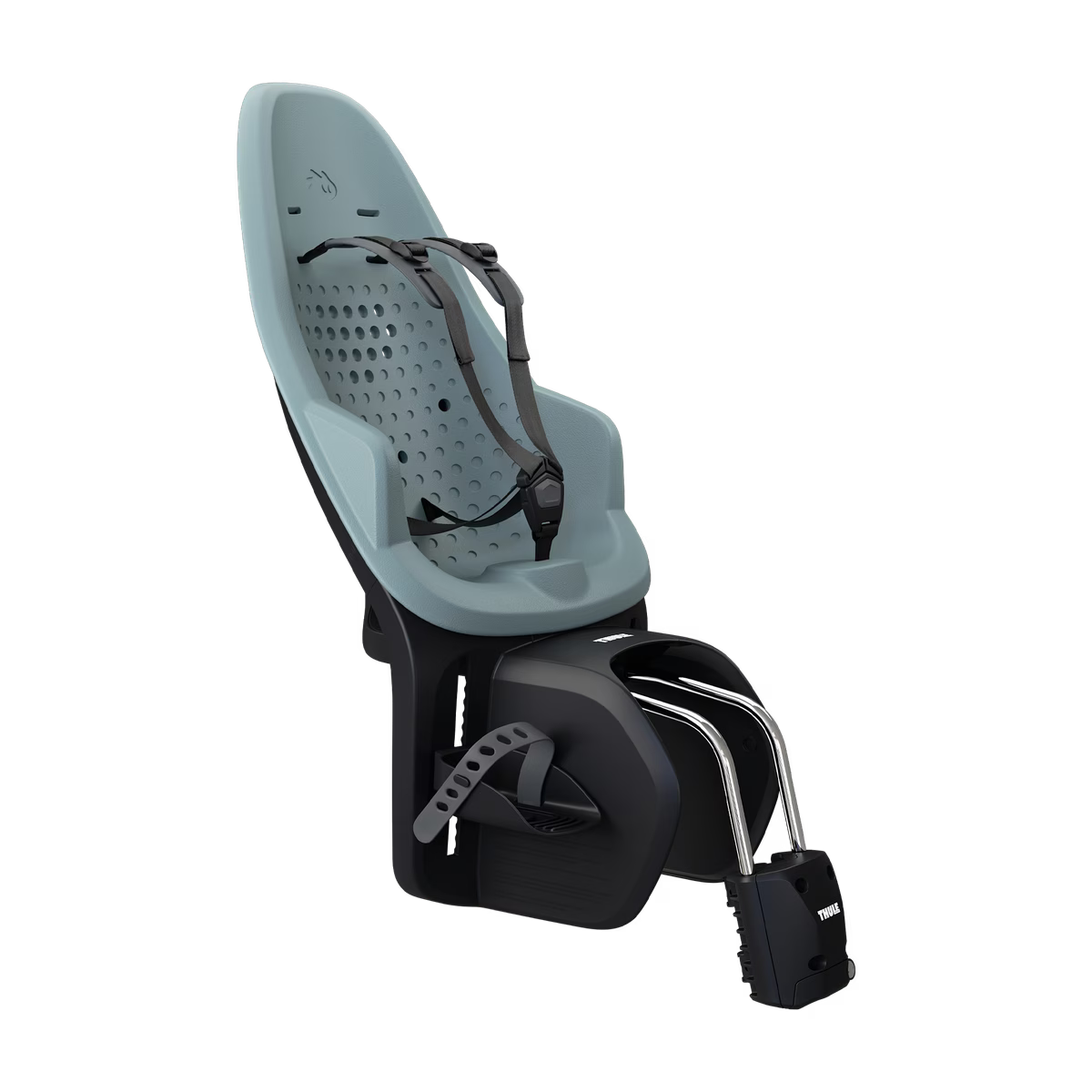 Thule Yepp 2 Maxi fietsstoel Mid Blue met montage achterop het fietsframe, bij De Gele Flamingo