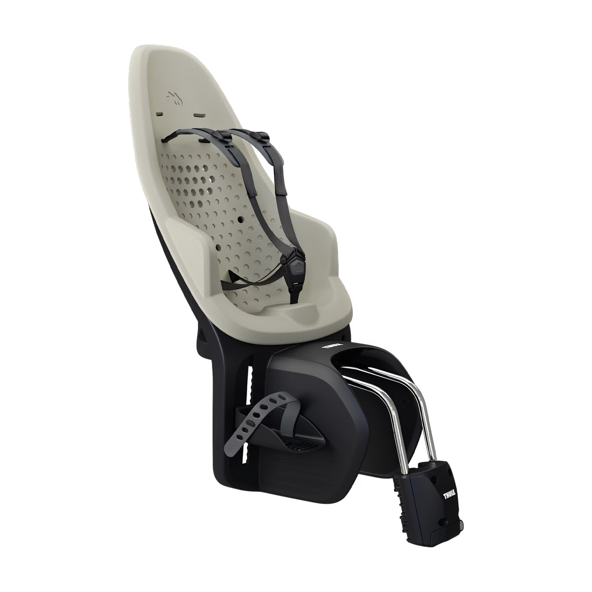 Thule Yepp 2 Maxi fietsstoel Soft Sand met montage achterop het fietsframe, bij De Gele Flamingo