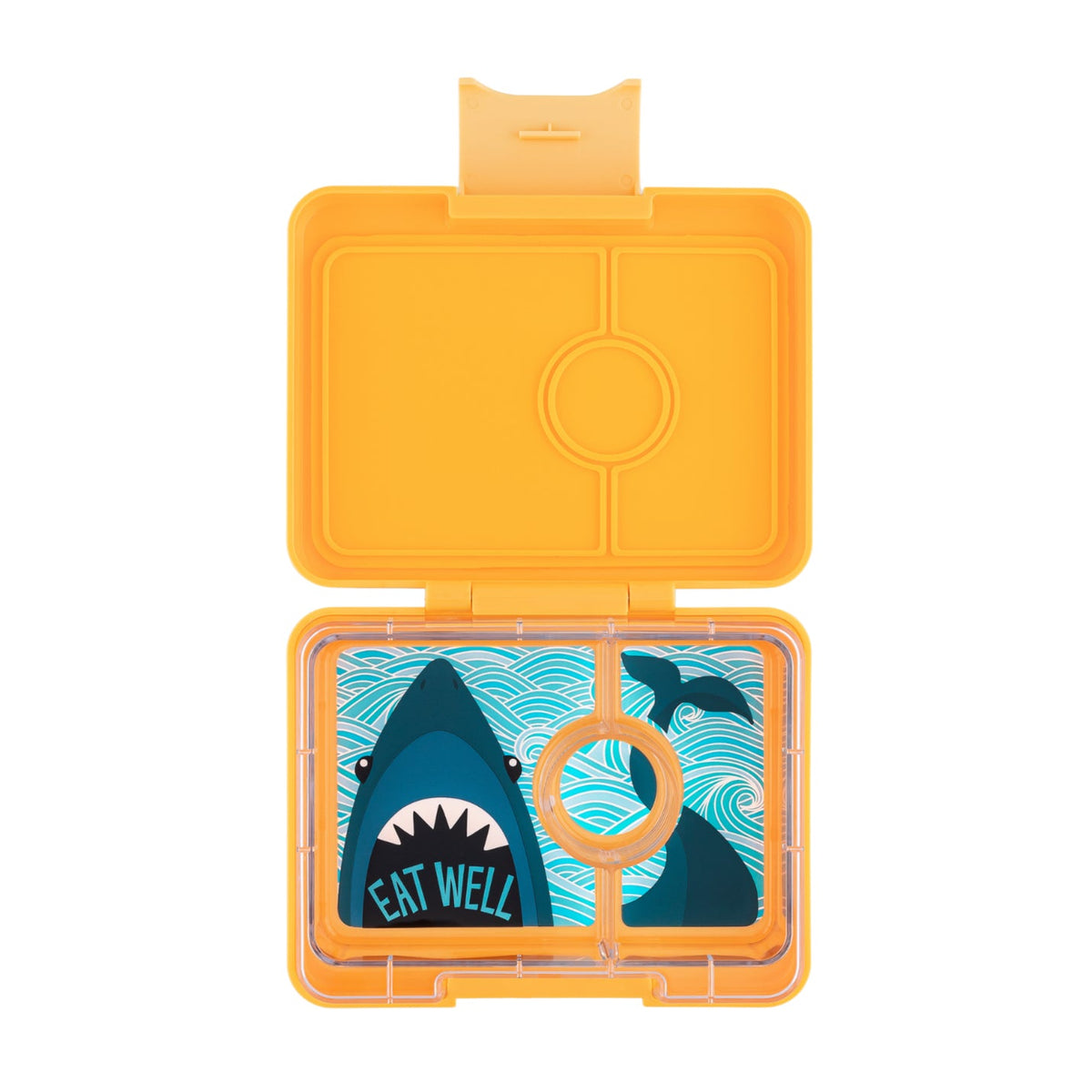 Yumbox Lekvrije Lunchbox Yoyo Yellow Shark met haaienthema, verkrijgbaar bij De Gele Flamingo.